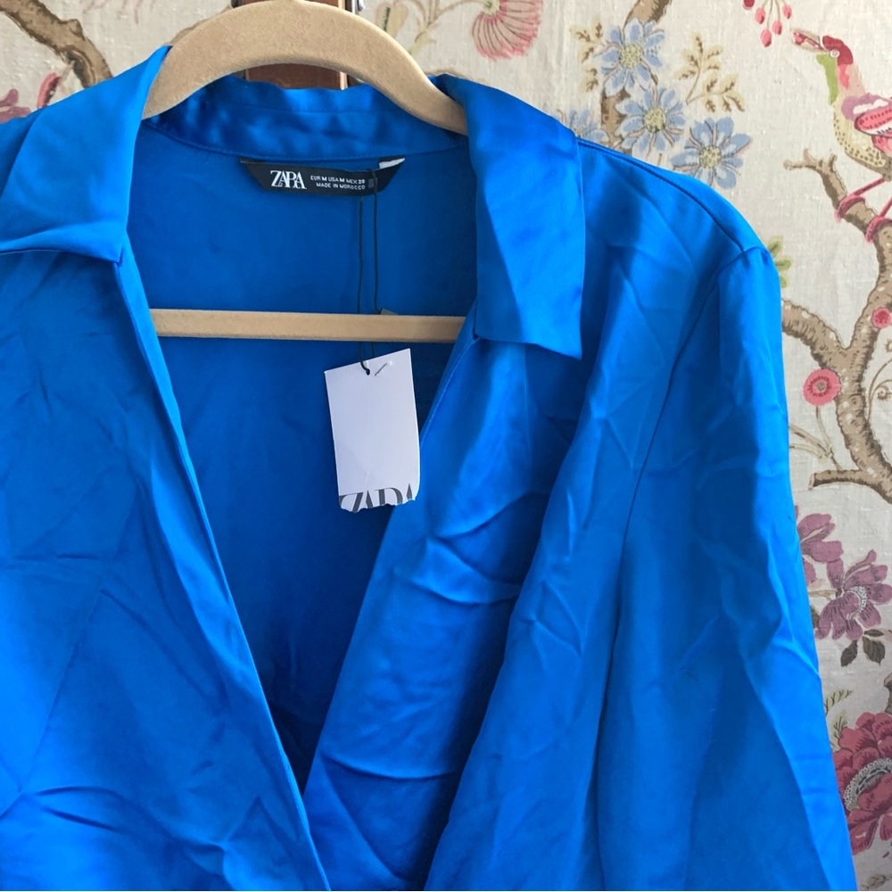 Zara Royal Blue Satin Wrap Mini Dress - Picture 12 of 16